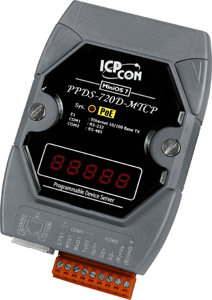ICP DAS Преобразователь PPDS-720D-MTCP CR Programmable Device Server with PoE, Modbus Gateway, 1 RS-232 port, 1 RS-485 port and an L
