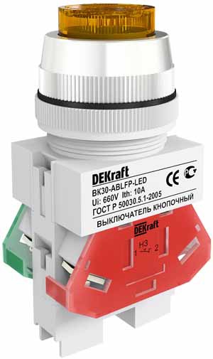 Dekraft 25049DEK Выкл. кноп. ABLFP D30 ЖЕЛТЫЙ LED 220В ВK-30