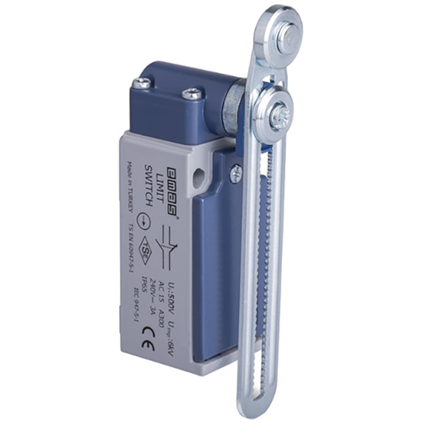 L51K13MEM123 Выключатель концевой быстрого переключения угловой 2-направленный с пластмассовой консолью, стальным роликом Ф18мм на регулируемом рычаге(1НО+1НЗ)