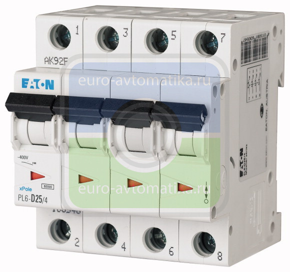 Автоматический выключатель 25А, кривая отключения B, 4 полюс, откл. способность 6 кА (PL6-B25/4)