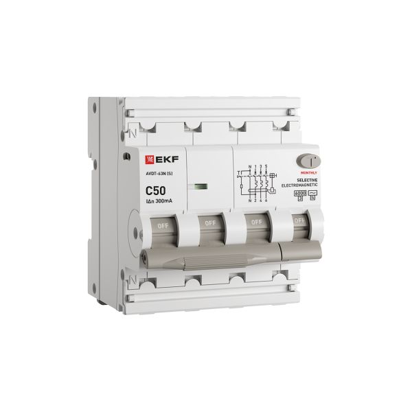 EKF D63N46MS50C300 Автоматический выключатель дифференциального тока селективный АВДТ-63N (S) 3P+N 50А 300мА характеристика C тип AC электромеханический 6кА PROXIMA EKF