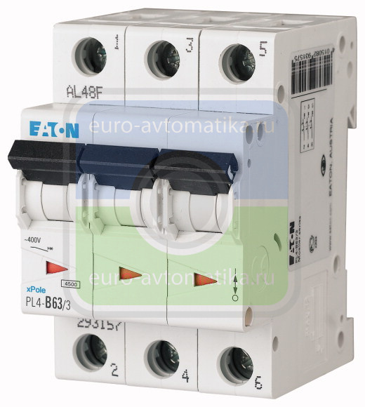 Автоматический выключатель 20А, кривая отключения B, 3 полюс, откл. способность 4,5 кА (PL4-B20/3)