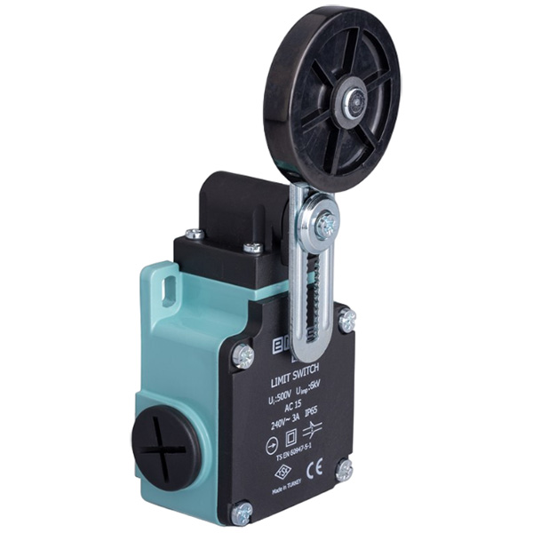 L2K13MEL122  Выключатель концевой быстрого переключения угловой 2-х направленный с пластмассовой консолью и резиновым роликом Ф50мм (1НО+1НЗ)