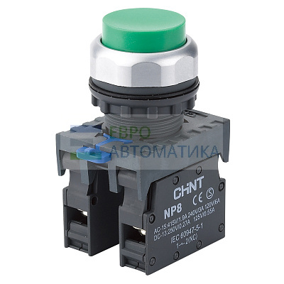 CHINT 667304 Кнопка упр. выступ., NP8-02GND/3 подсвет., самовозв., зелен., AC/DC 24В(LED), 2НЗ, IP65 (R)