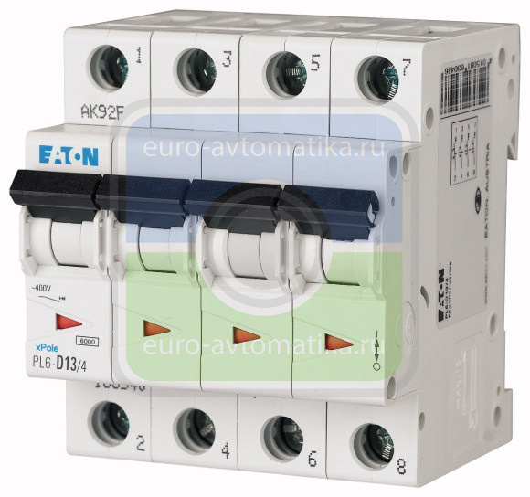 Автоматический выключатель 13А, кривая отключения D, 4 полюс, откл. способность 6 кА (PL6-D13/4)