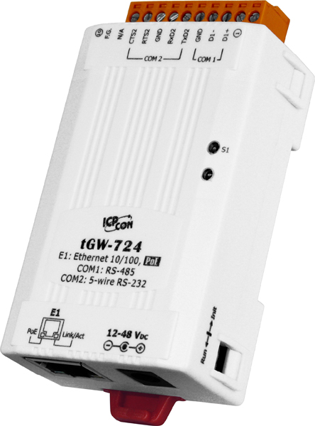 ICP DAS Преобразователь tGW-724 CR Tiny Modbus/TCP to RTU/ASCII gateway with PoE and 1 RS-232 and 1 485 Ports (RoHS)