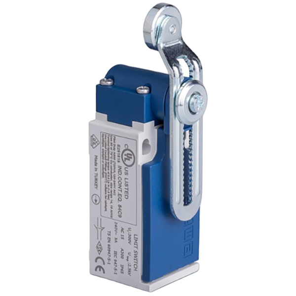 L5K13MEM124 Выключатель концевой быстрого переключения угловой 2-направленный с пластмассовой консолью, металлическим роликом Ф18мм на регулируемом изогнутым рычаге(1НО+1НЗ)