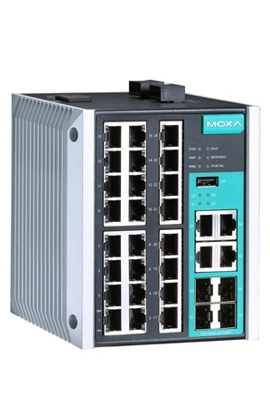 MOXA Коммутатор EDS-528E-4GTXSFP-LV Managed Gigabit Ethernet switch with 24 10/100BaseT(X) ports, and 4 combo 10/100/1000BaseT(X) or 100/1000BaseSFP ports, t: -10/60