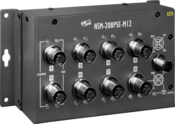 ICP DAS Коммутатор NSM-208PSE-M12 EN50155 8-port M12 Unmanaged PoE Ethernet Switch Includes M12D-4P-IP68 x 8, A-CAP-M12M x 8, M12A-5P-