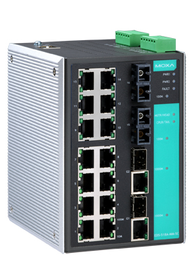 MOXA Коммутатор EDS-518A-MM-SC-T Industrial Redundant Ethernet switch with 2 10/100/1000 BaseTx ,2 100 BaseFx multi mode and 14 10/100 BaseTx ports with VALN,IGMP Snooping and QoS, t: -40/75