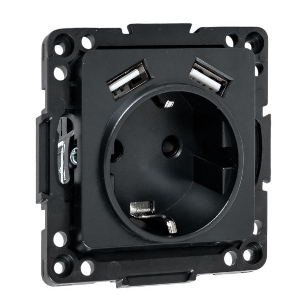 EKF EZR16-2USB-typeA Стокгольм Механизм Розетки 1-местной с/з, USB 2A 16А винтовые клеммы черный с защ. штор. EKF