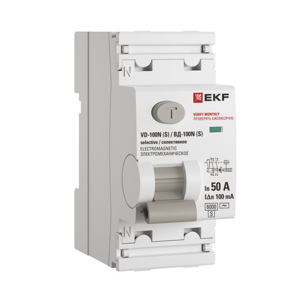 EKF E1026MS50100 Выключатель дифференциального тока ВД-100N (S) 2P 50А 100мА тип AC эл-мех 6кА PROXIMA EKF EKF E1026MS50100 Выключатель дифференциального тока ВД-100N (S) 2P 50А 100мА тип AC эл-мех 6кА PROXIMA EKF
