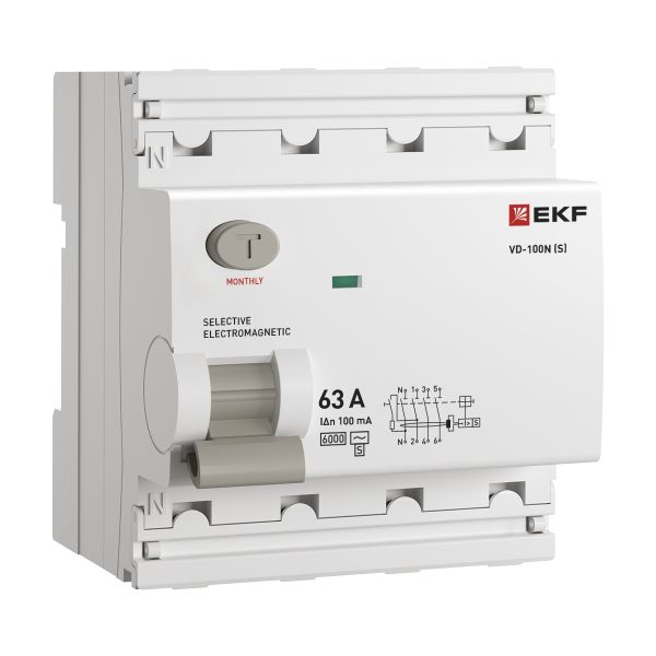 EKF E1046MS63100 Выключатель дифференциального тока ВД-100N (S) 4P 63А 100мА тип AC эл-мех 6кА PROXIMA EKF