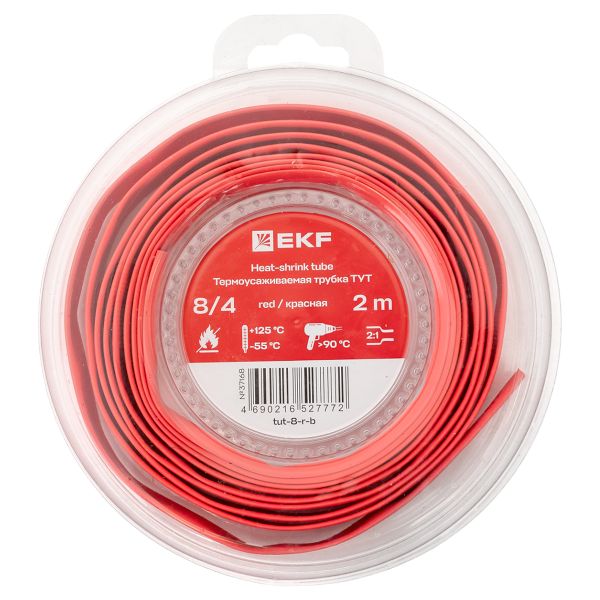 EKF tut-8-r-b Термоусаживаемая трубка ТУТ нг 8/4 красная ролик 2 м EKF