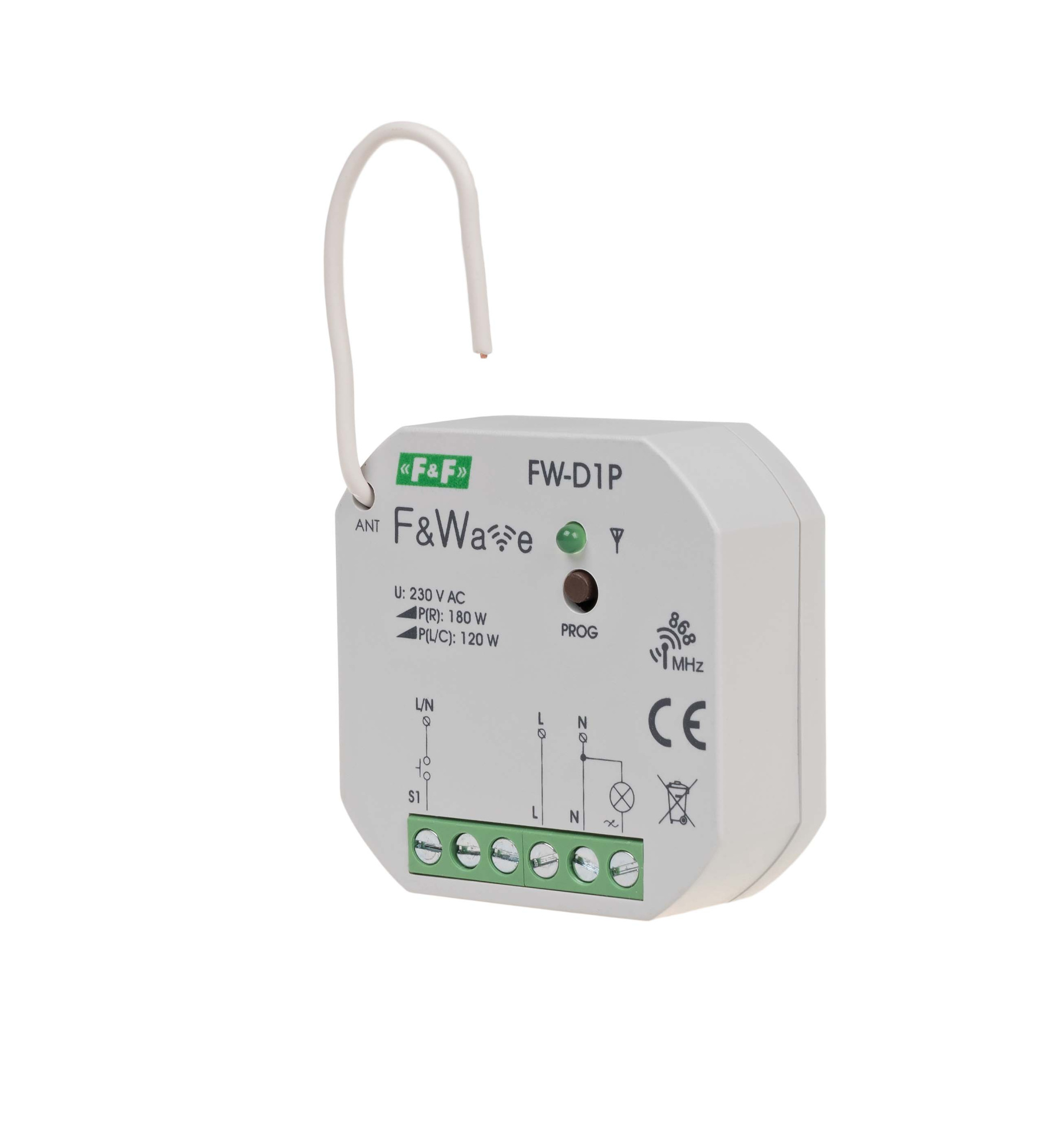 FIF EA14.002.002 FW-D1P Диммер одноканальный, для всех типов ламп, soft start, локальное и удаленное управление, до 8 радио передатчиков,  установка в монтажную коробку Ø60мм