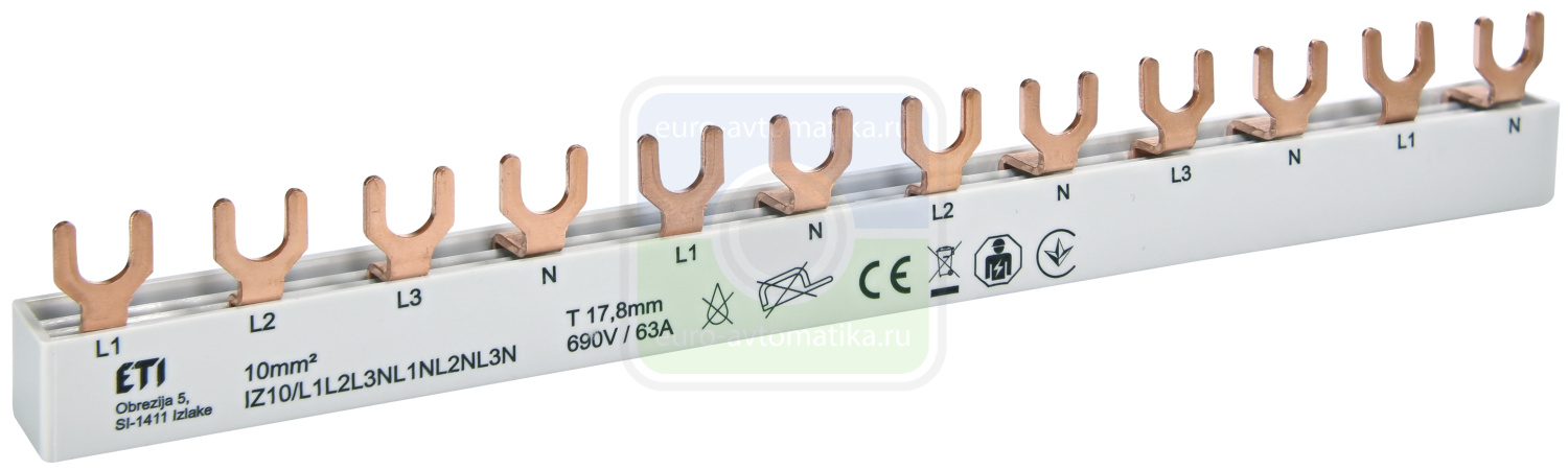 ETI 2921275 Шина питания IZ 10/L1L2L3N-L1NL2NL3N (10мм2, 3P+N, 0.21м, Fork, 12mod.)