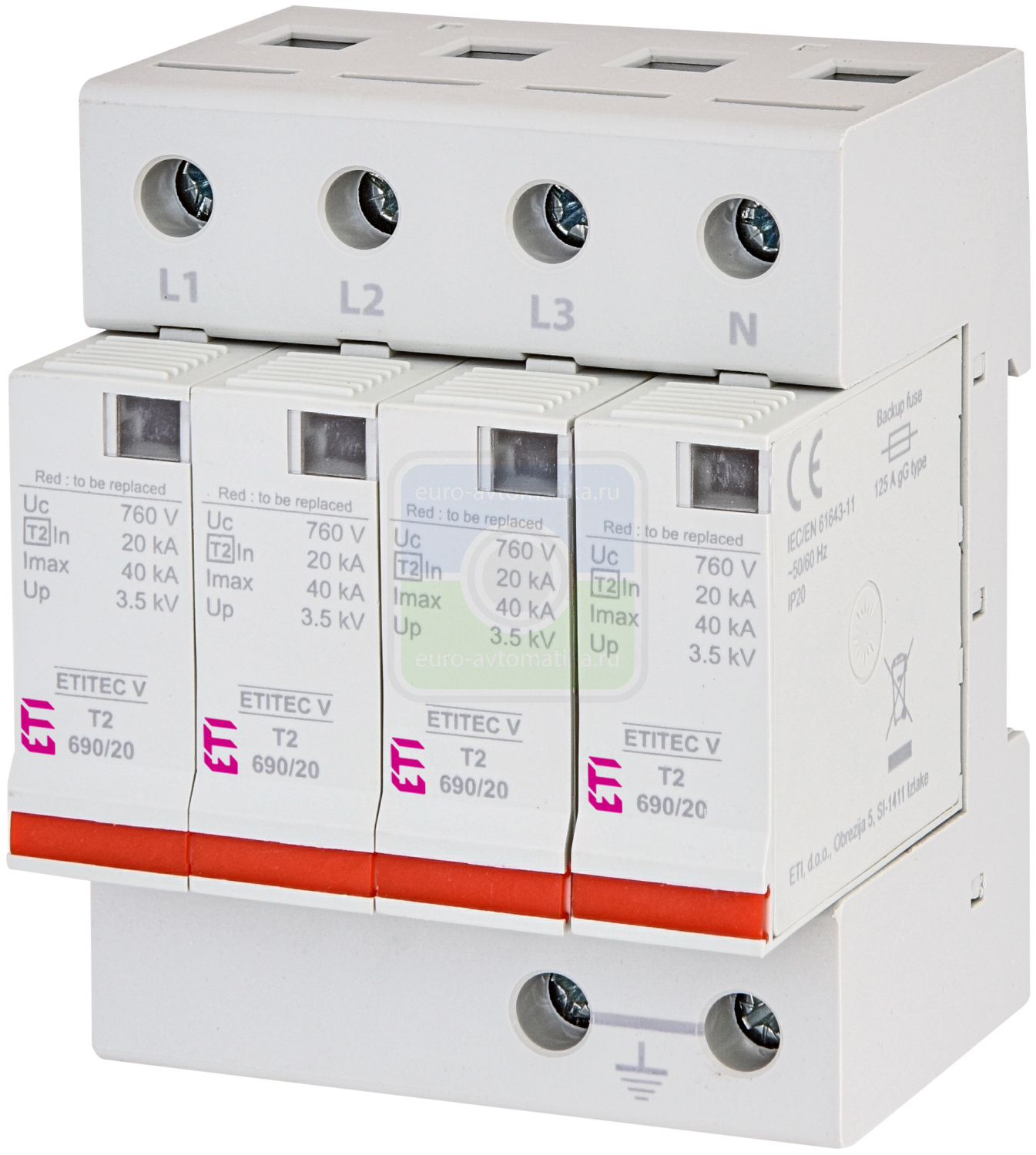 ETI 2442989 Ограничитель перенапряжения ETITEC V T2 690/20 4+0 RC