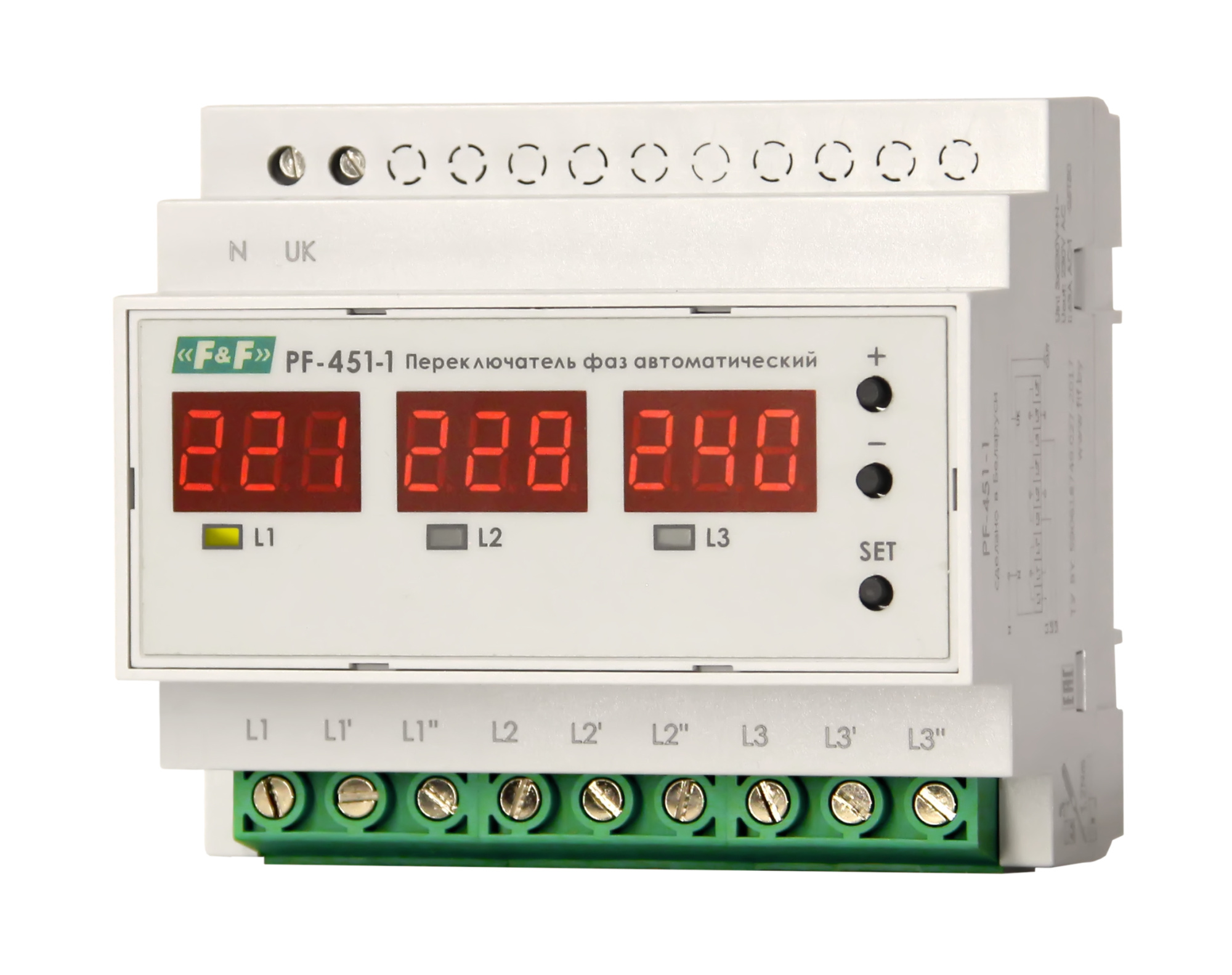 FIF EA04.005.005 PF-451-1   Регулируемые пороги напряжения: нижний 140…210В, верхний 240…300. Регулируемое время задержки отключения по нижнему порогу напряжения: 0,5…25 с, два режима роботы: с приоритетной фазой или без приоритета, 6 модулей, монтаж на D