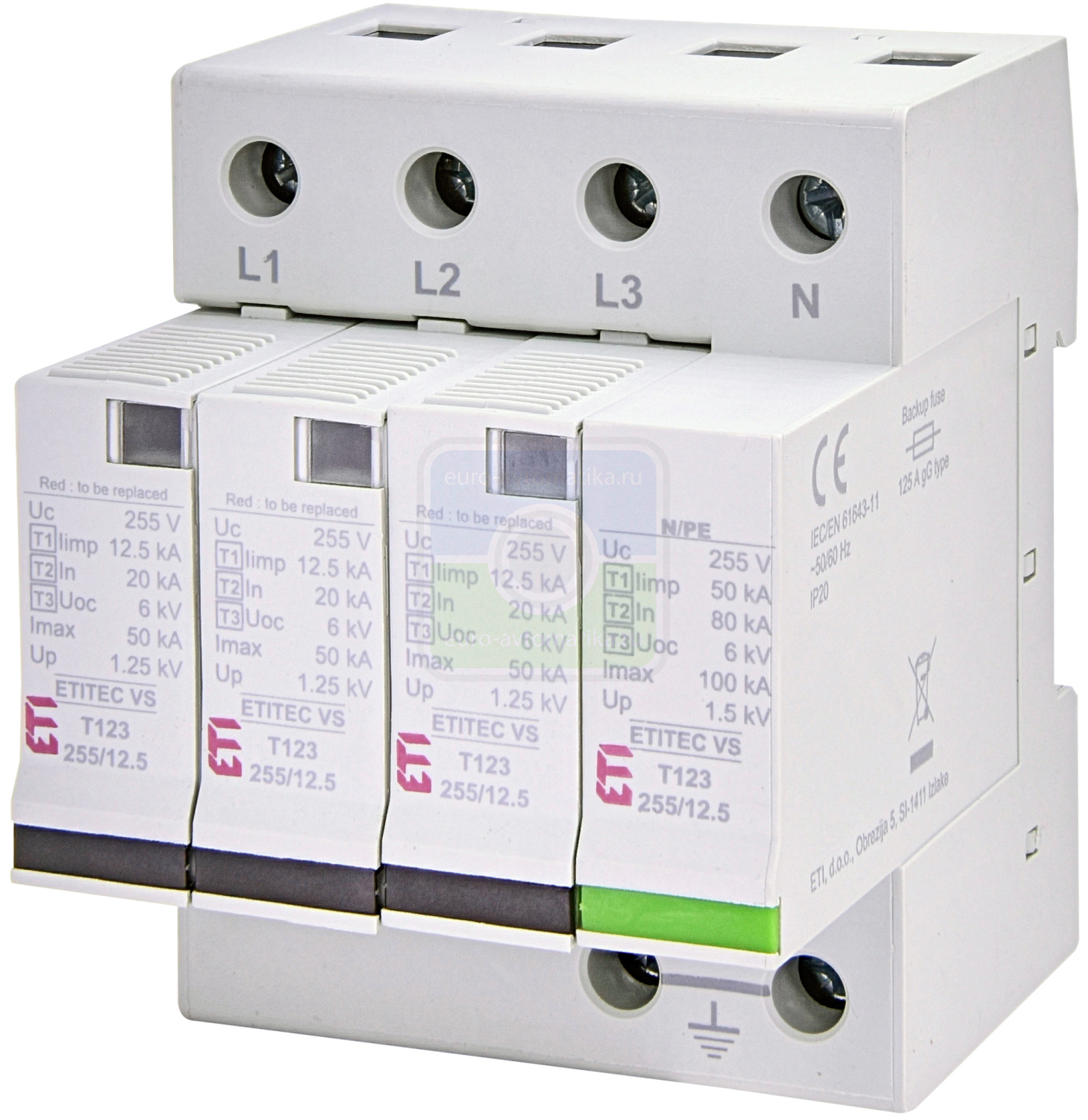 ETI 2442931 Ограничитель перенапряжения ETITEC VS T123 255/12,5 (3+1) RC
