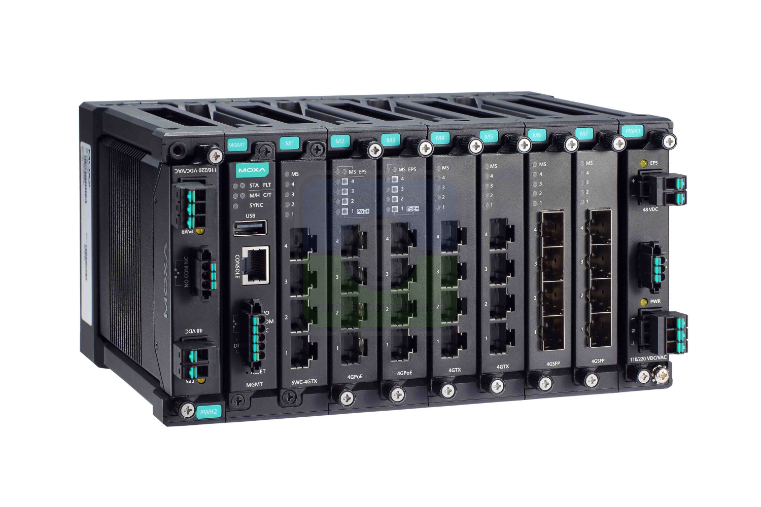 MOXA Коммутатор MDS-G4028-T Layer 2 full Gigabit modular managed Ethernet switch with 4 fixed Gigabit ports, 6 slots for optional 4-port GE/FE modules, 2 slots for isolated power modules, up to 28 Gigabit ports, t: -40/75
