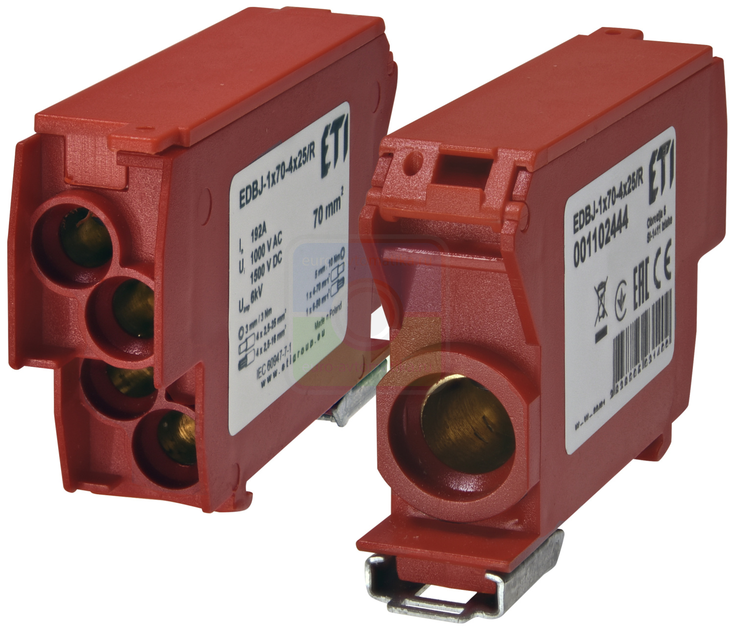 ETI 1102444 Блок распределительный EDBJ-1x70-4x25R (192A, 1000V AC/1500V DC, IN: 1x70, OUT: 4x25, красный)