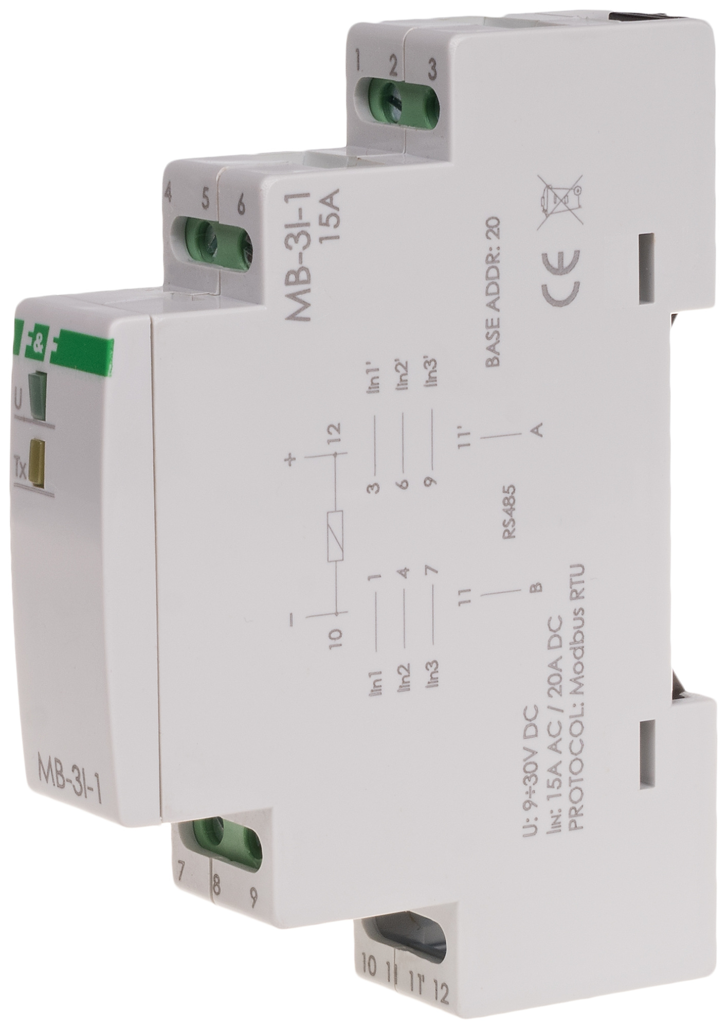 FIF EA12.003.021 MB-3I-1 15A Преобразователь тока, трехфазный, 0-15А/285В AC, 0-20А/400В DC, RS-485, Modbus RTU, установка на DIN-рейку, 1 модуль