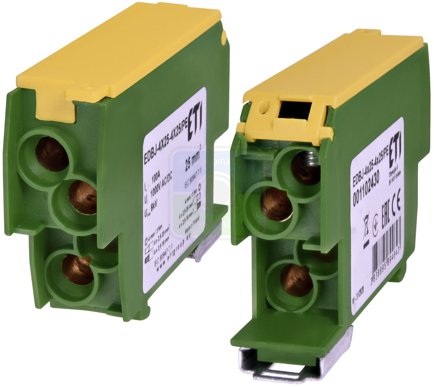 ETI 1102430 Блок распределительный EDBJ-4x25-4x25PE (100A, 1000V AC/1500V DC, IN: 4x25, OUT: 4x25, желт.-зел.)