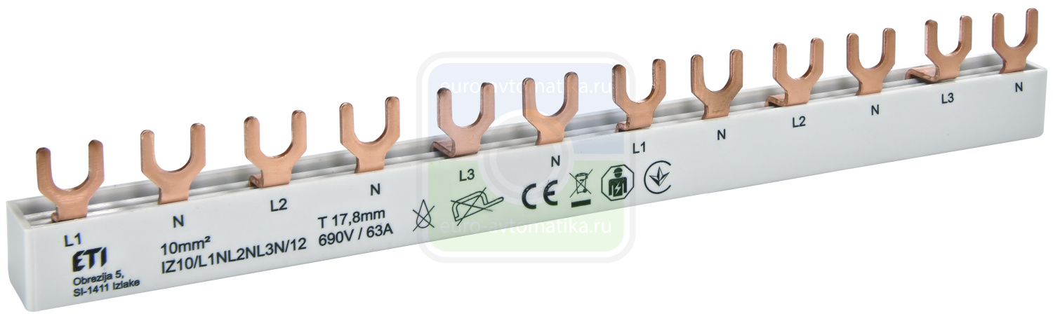 ETI 2921268 Шина питания IZ 10/L1NL2NL3N/12 (10мм2, 3P+N, 0.21м, Fork, 12mod.)