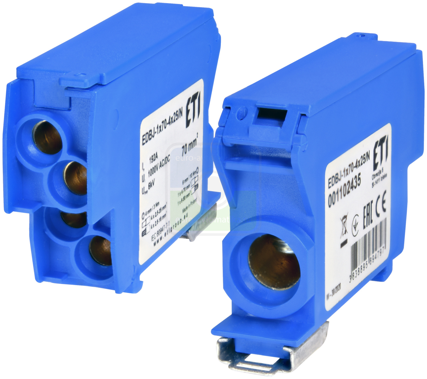 ETI 1102435 Блок распределительный EDBJ-1x70-4x25N (192A, 1000V AC/1500V DC, IN: 1x70, OUT: 4x25, синий)
