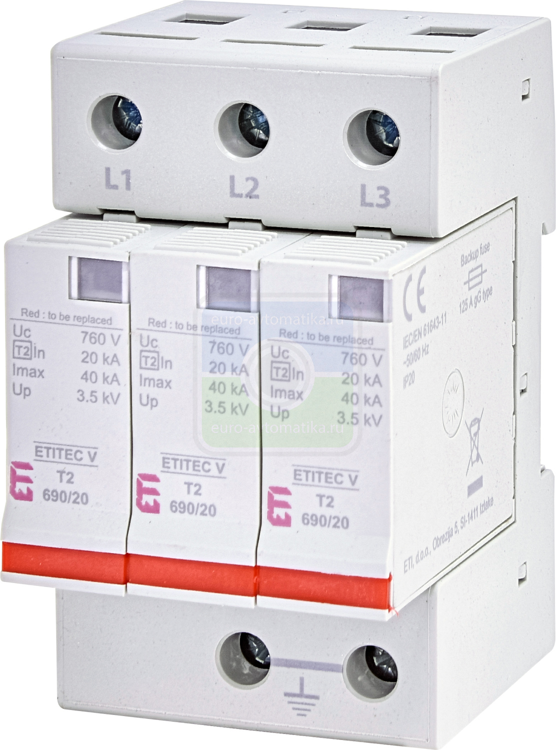 ETI 2442988 Ограничитель перенапряжения ETITEC V T2 690/20 3+0 RC