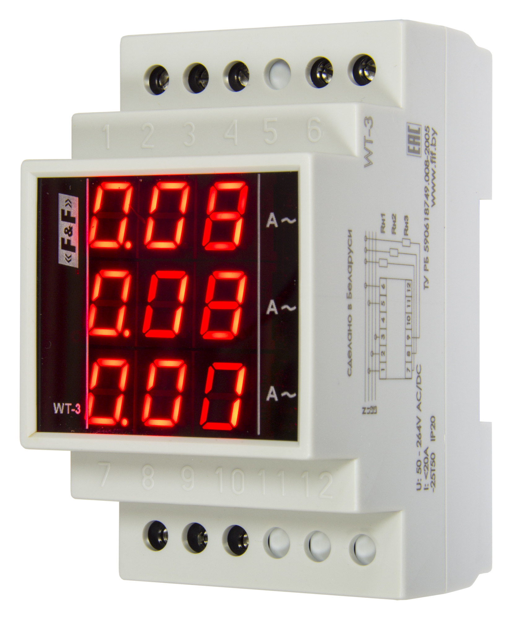 FIF EA04.008.007 WT- 3-75 Трехфазный, 0.5-20А,   с трансформаторами тока 30/5, 40/5, 50/5, 75/5  до 75 А , 3 модуля, монтаж на DIN-рейке