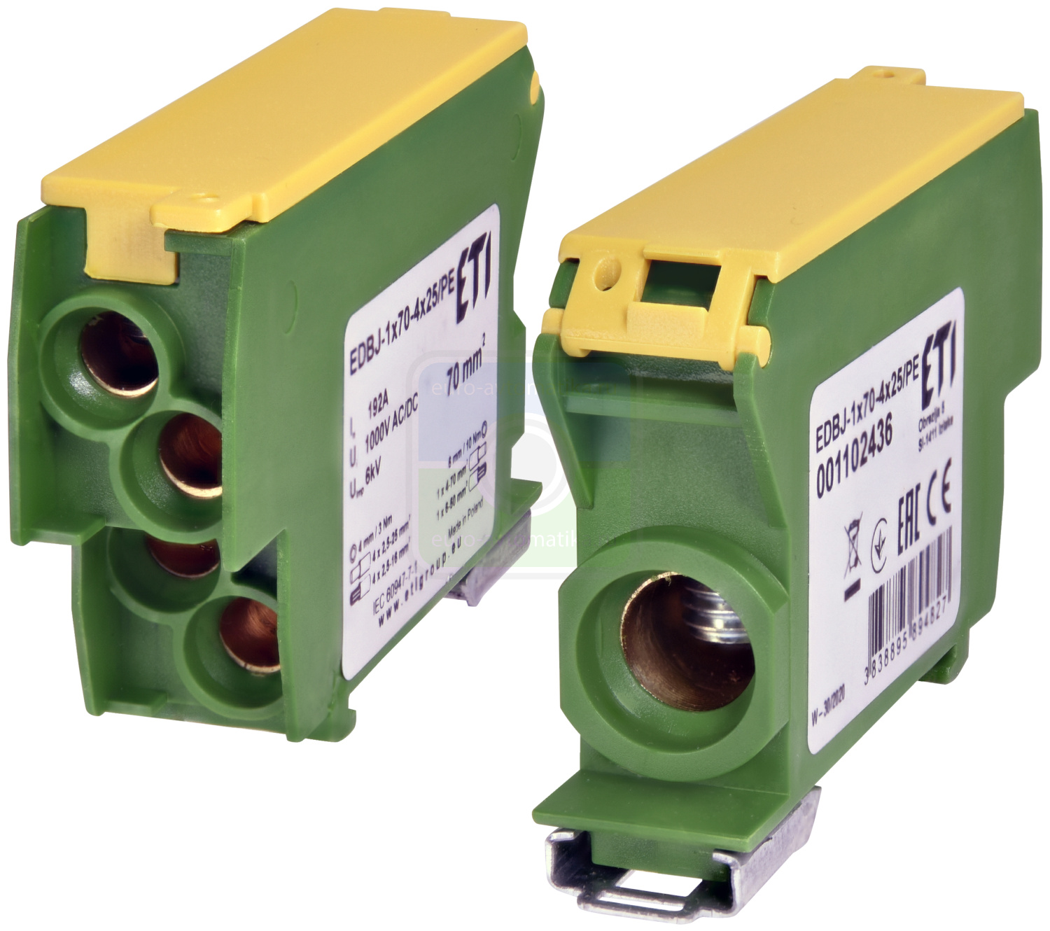 ETI 1102436 Блок распределительный EDBJ-1x70-4x25PE (192A, 1000V AC/1500V DC, IN: 1x70, OUT: 4x25, желт.-зел.)