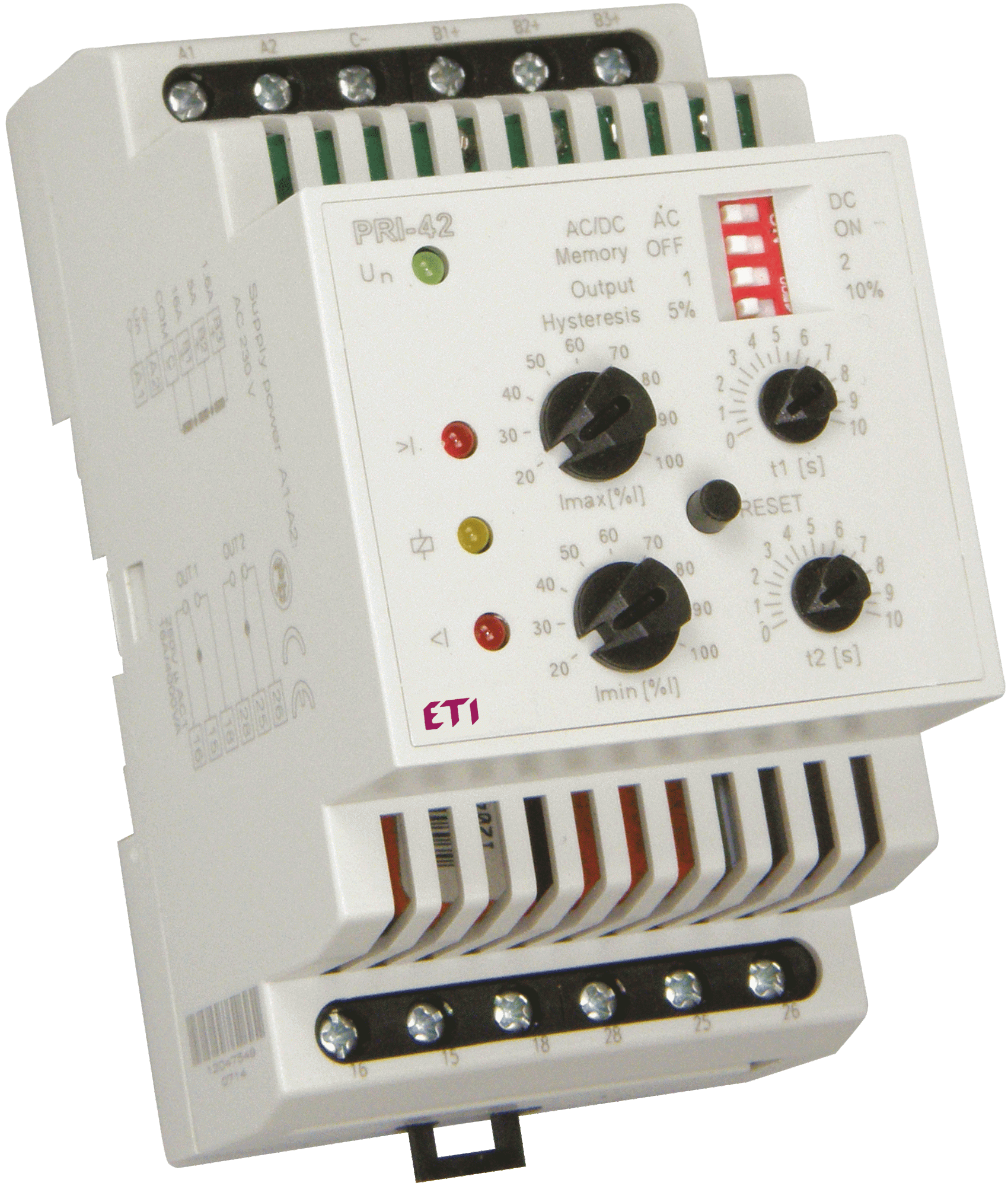 Реле контроля потребляемого тока PRI-42 AC 230V (3 диапазона) (2x16A_AC1)