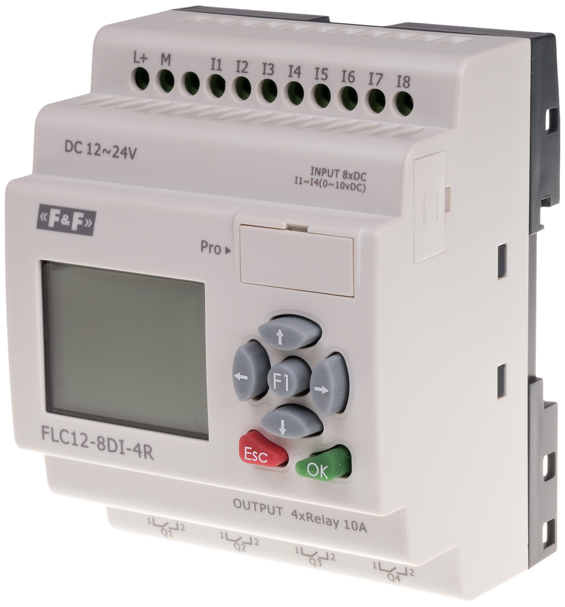 FIF EA12.004.001 FLC12-8DI-4R LCD 4x16 led light, HMI, 8 DI, 4AI, 4DO, PWM, RTC, 4 модуля, монтаж на DIN-рейку