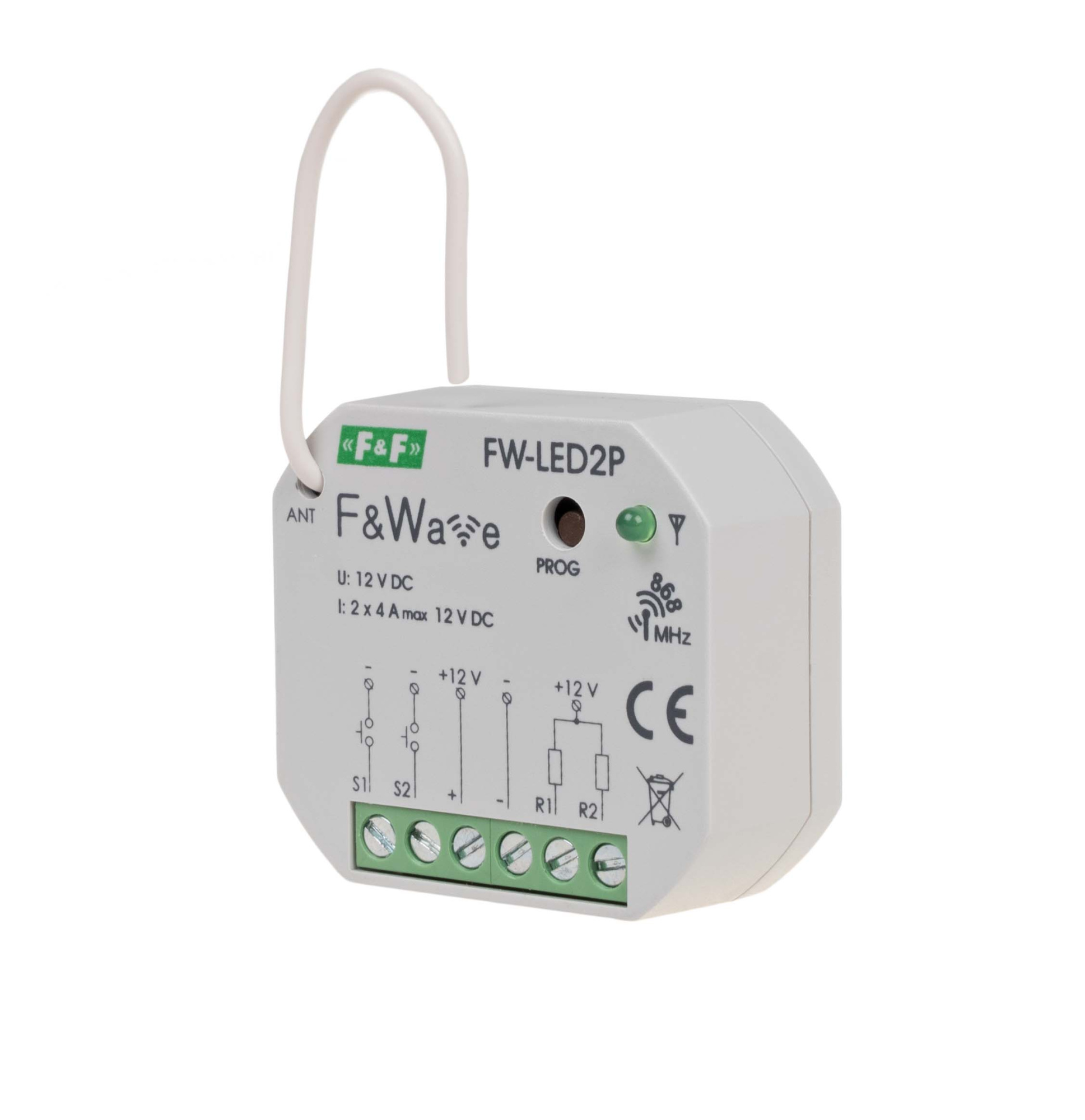 FIF EA14.002.004 FW-LED2P Двухканальный диммер-реле, для LED ламп и LED лент, soft start, локальное и удаленное управление, до 8 радио передатчиков,  установка в монтажную коробку Ø60мм