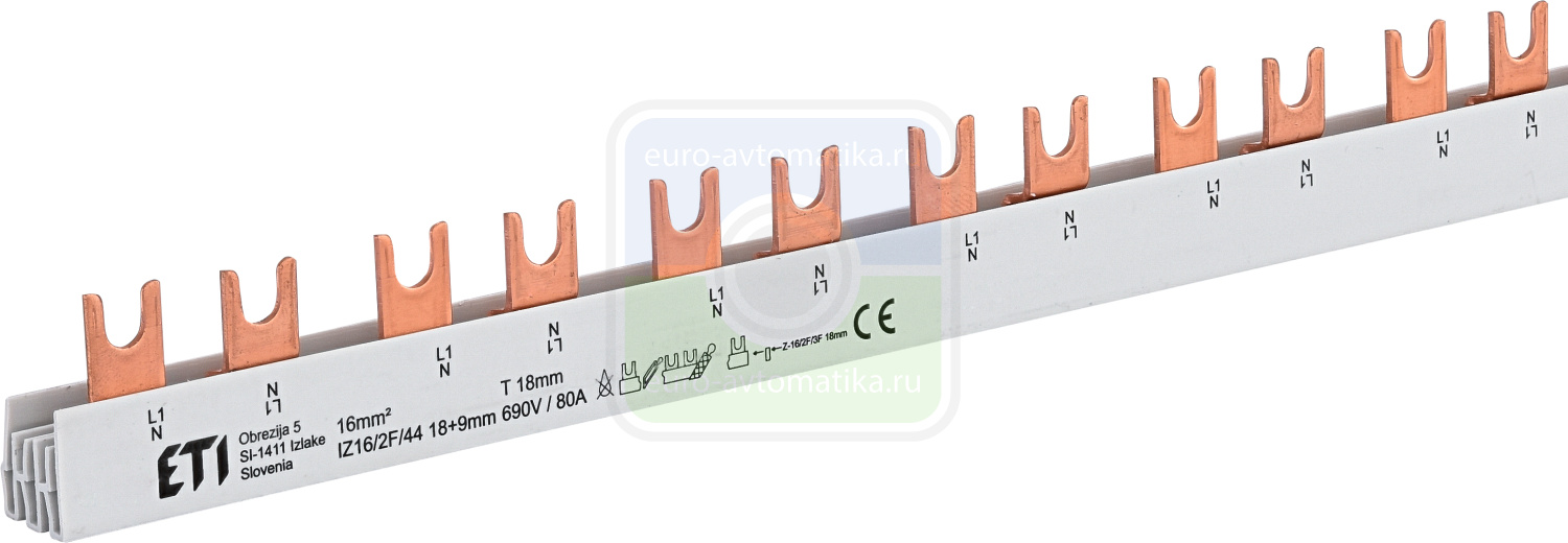 ETI 2921233 Шина питания IZ 16/2F/44 (18+9) (16мм2, 2P, 0.99м, Fork., 44mod.)