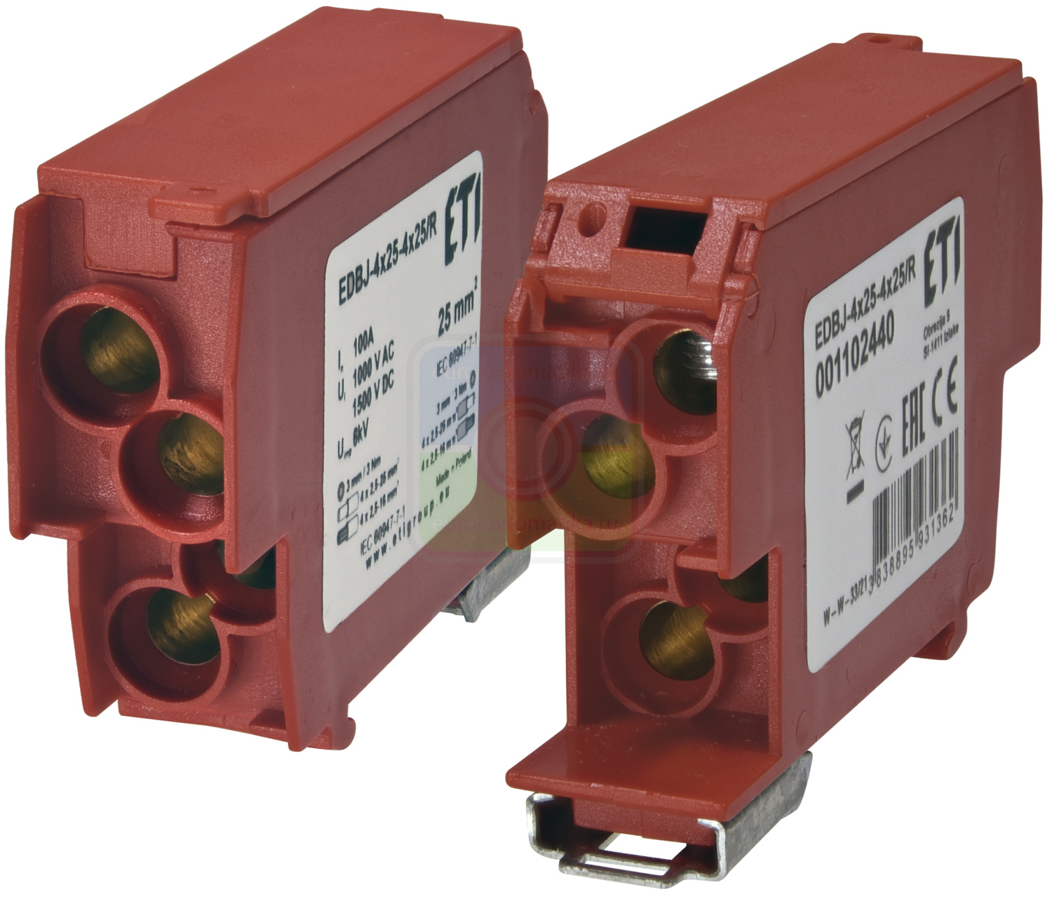 ETI 1102440 Блок распределительный EDBJ-4x25-4x25R (100A, 1000V AC/1500V DC, IN: 4x25, OUT: 4x25, красный)