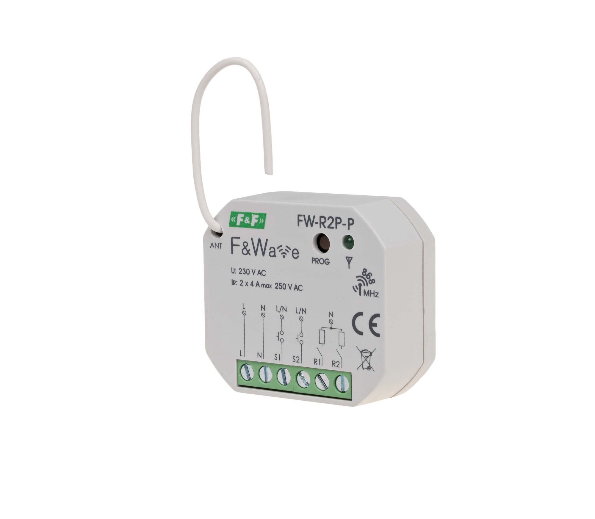 FIF EA14.002.022 FW-R2P-P Двухканальное многофункциональное реле, локальное и удаленное управление, 2 независимых канала, до 32 радио передатчиков,  установка в монтажную коробку Ø60мм
