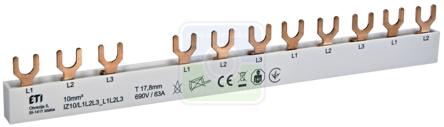 ETI 2921277 Шина питания IZ 10/L1L2L3_L1L2L3 (10мм2, 3P, 0.21м, Fork, 12mod.)