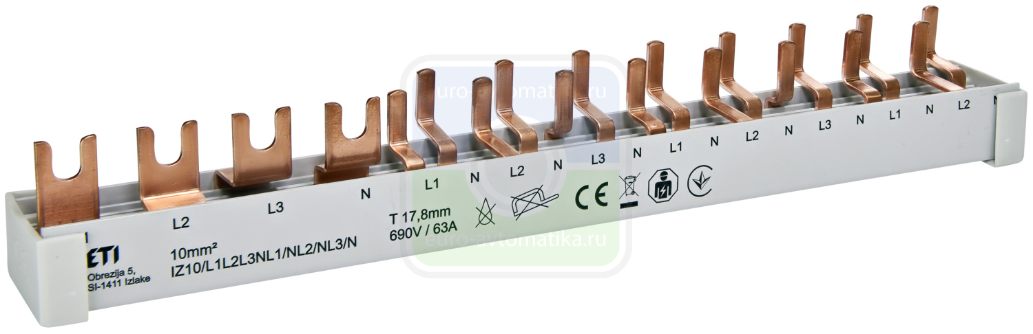 ETI 2921276 Шина питания IZ 10/L1L2L3NL1/NL2/NL3/N (10мм2, 3P+N, 0.21м, Fork, 12mod.)
